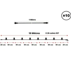 ILLUPRO - Guirlande guinguette extérieur 100m 200 ampoules led blanc chaud e27 1w câble noir extensible