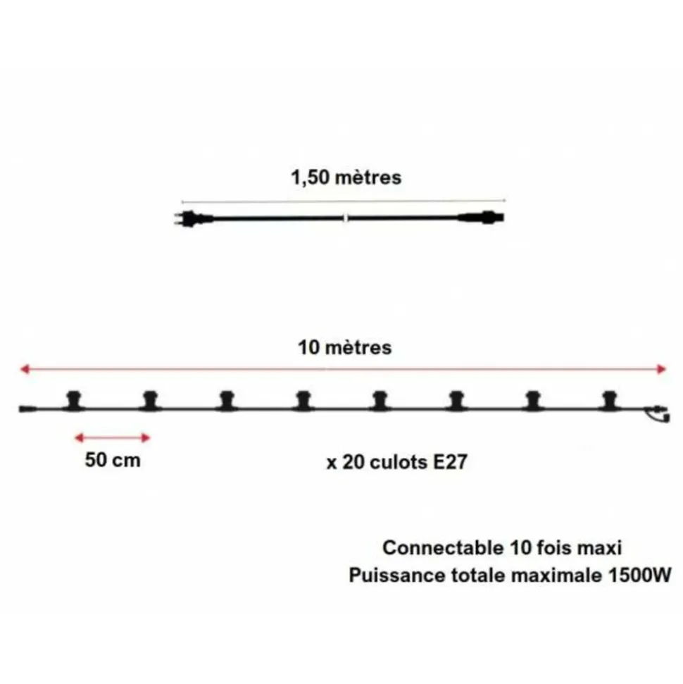 ILLUPRO - Guirlande guinguette 10m 20 ampoules 1w led e27 blanc chaud ip65 professionnelle