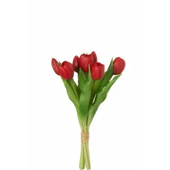 J-LINE - Bouquet de 7 tulipes artificiel en synthétique rouge 13x9x32 cm