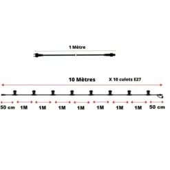 KOBI - Guirlande guinguette câble noir 10m 10 porte ampoule e27 extensible