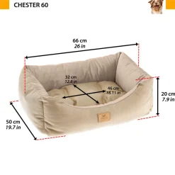 Lit chiens et chats couchage chester 60, avec coussin double-face, tweed et velours, lavable, beige