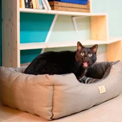 Lit chiens et chats couchage chester 60, avec coussin double-face, tweed et velours, lavable, bleu