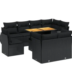 MAISON EXCLUSIVE - Salon de jardin 9 pcs avec coussins noir résine tressée