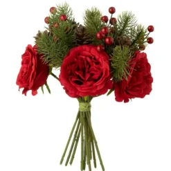 PARIS PRIX - Bouquet de fleurs artificielles "roses" 28cm rouge & vert