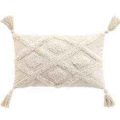 PARIS PRIX - Coussin déco tufté à pompons "inca" 30x50cm beige