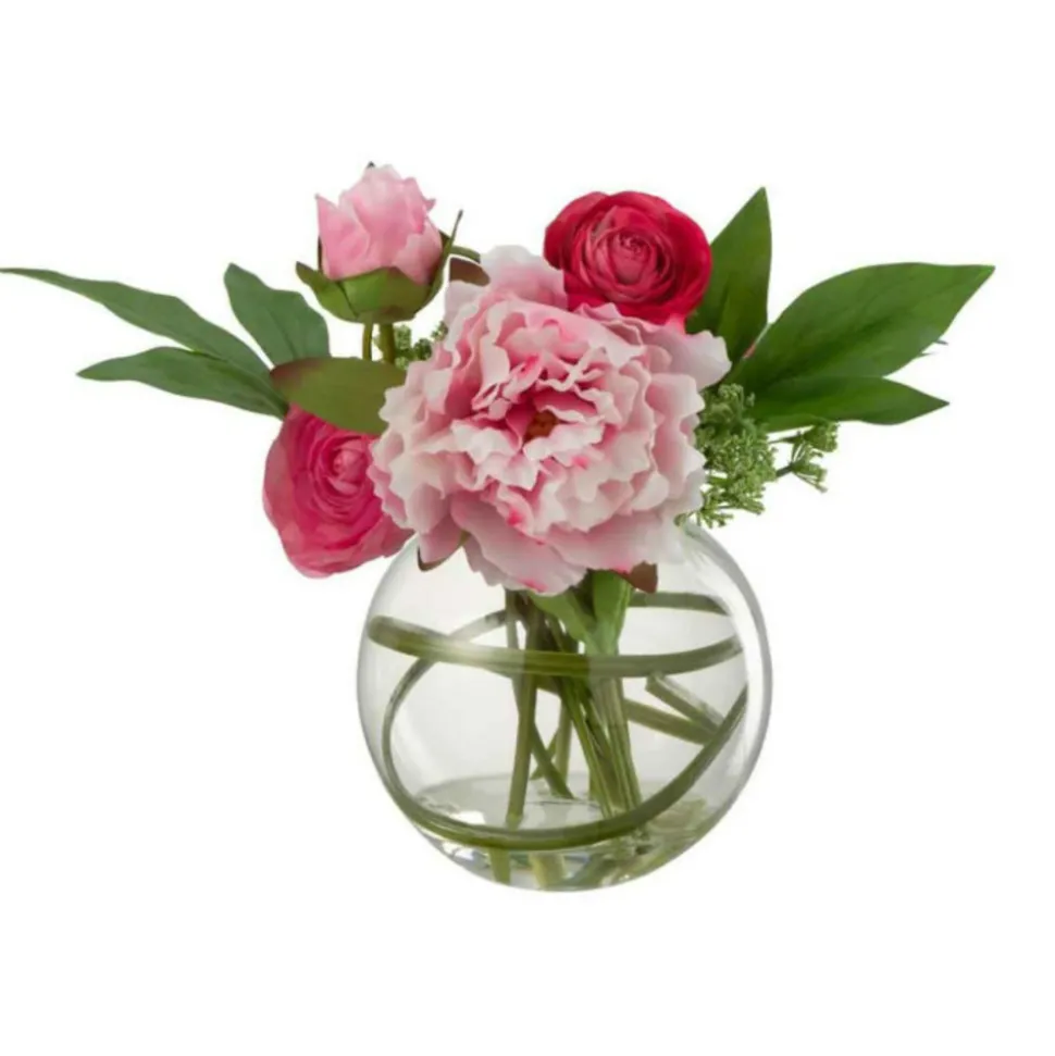 PARIS PRIX - Fleur artificielle & vase "pivoine renoncule" 30cm rose