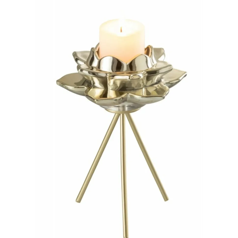 PARIS PRIX - Photophore sur pied "fleur verre" 21cm or