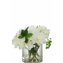 PARIS PRIX - Plante artificielle & vase "dahlia hydrangea" 21cm blanc