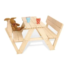 PINOLINO - Table en bois naturel 4 places avec bancs et dossier nicky