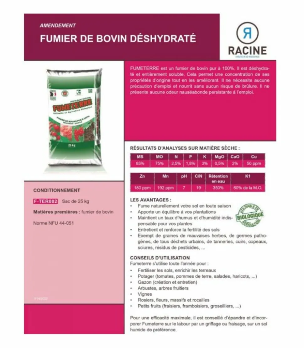 RACINE - Fumier bovin déshydraté et soluble, 25 sacs de 25 kg - f-ter002-25x25