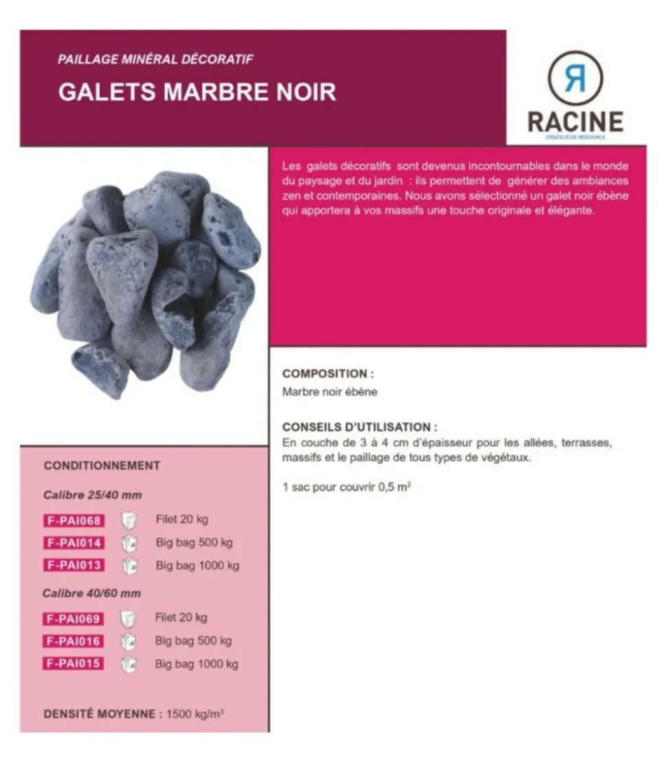 RACINE - Paillage minéral galet marbre noir 24-40mm, filet de 20kg - f-pai068