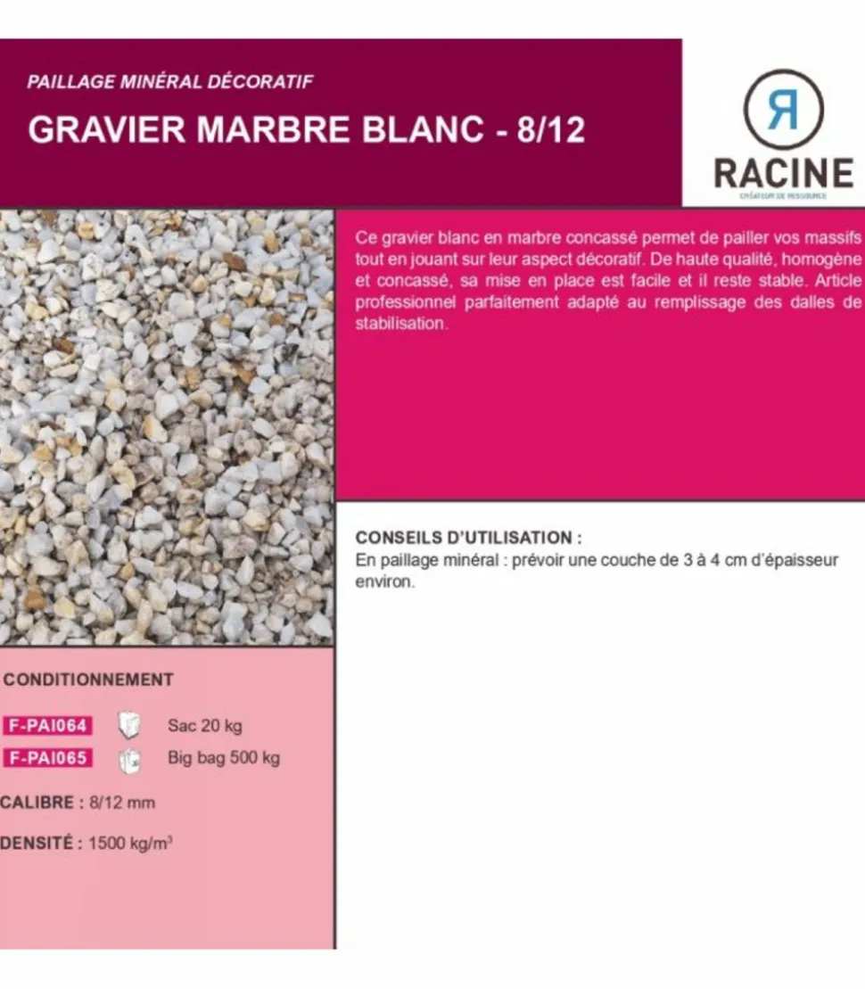 RACINE - Paillage minéral gravier marbre blanc 8-12mm, big bag 500 kg - f-pai065