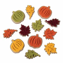RAYHER - 12 mini citrouilles et feuilles en bois adhésives - 3 types et 4 couleurs - 3,7 cm