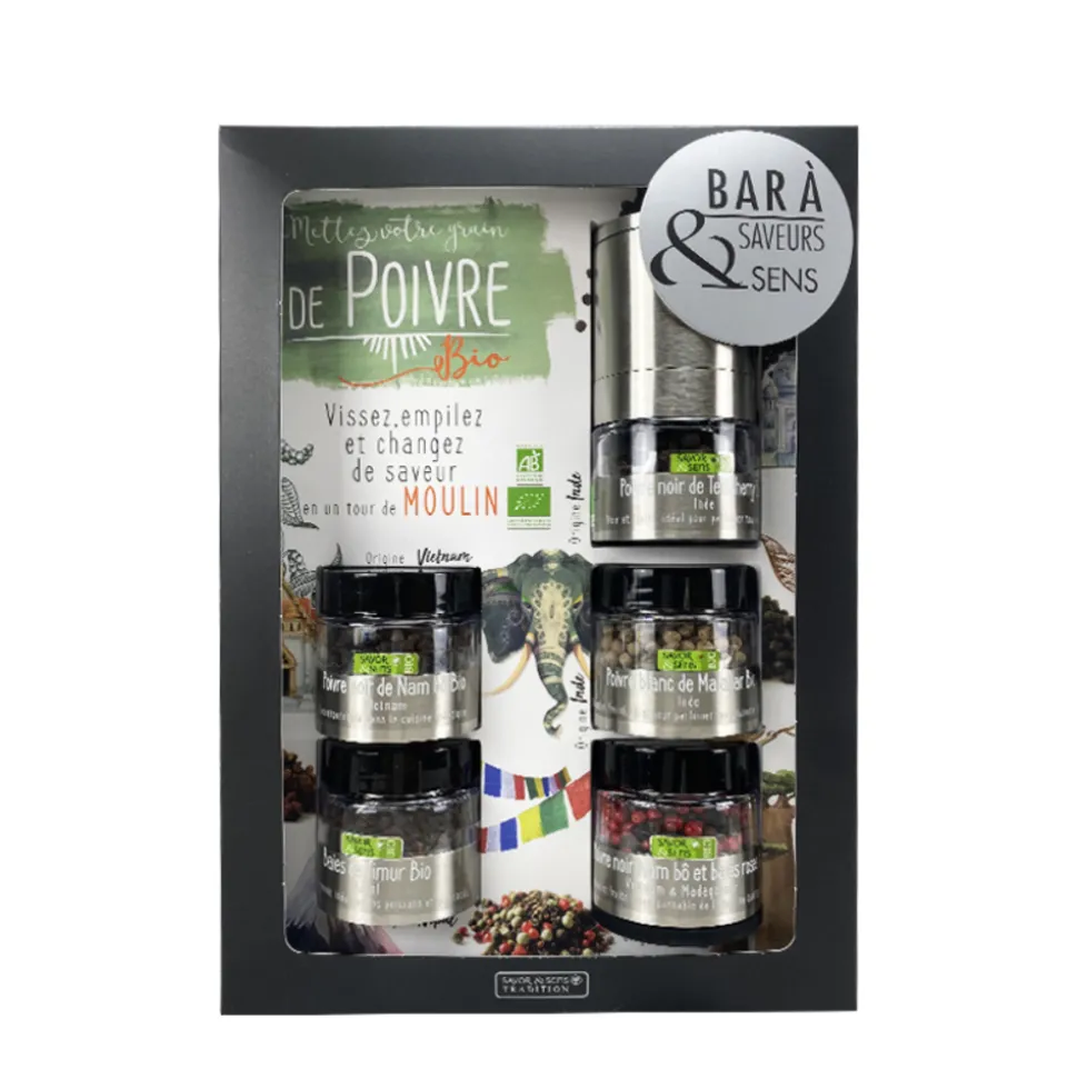 SAVOR & SENS - Coffret assortiment de 5 poivres bio - 4x15g+1x20g