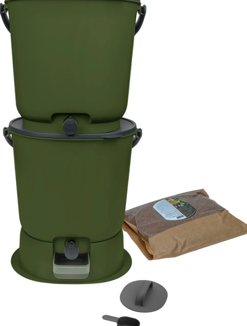 SKAZA - Lot de 2 composteurs bokashi essential 15,3l+1kg de brain+1 base-olive