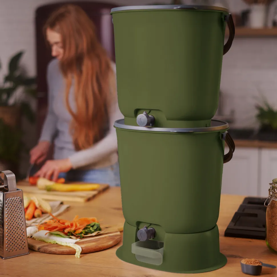 SKAZA - Lot de 2 composteurs bokashi essential 15,3l+1kg de brain+1 base-olive