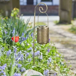SMART GARDEN - Lanterne solaire suspendue rabat à piquer structure et pied en métal effet doré patiné , boite de 2