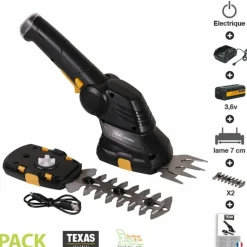 TEXAS - Pack cisaille à gazon 70mm et taille arbuste 120mm batterie lithium usb texas htg360li