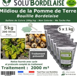 TOUT POUR LES NUISIBLES - Solu'bordelaise - 5 kg de bouillie bordelaise - mildiou de la pomme de terre - utilisable agriculture biologique - 5 sachetsde 1kg