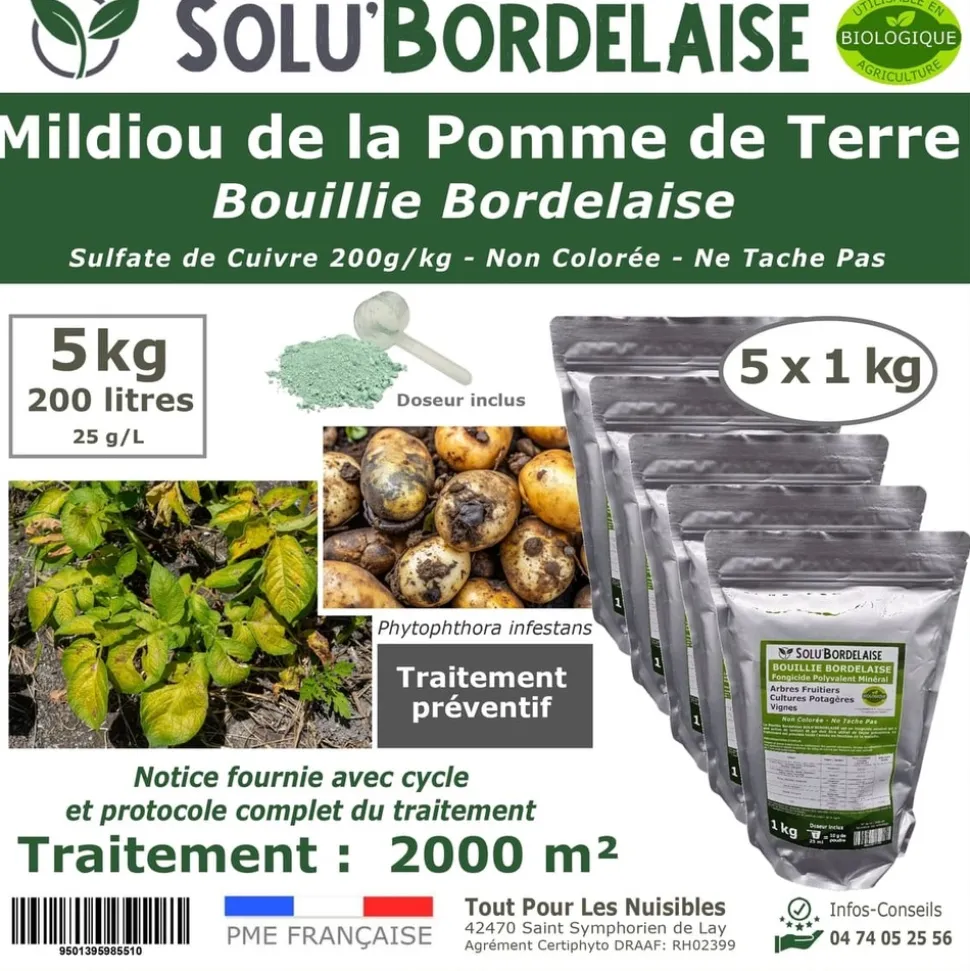 TOUT POUR LES NUISIBLES - Solu'bordelaise - 5 kg de bouillie bordelaise - mildiou de la pomme de terre - utilisable agriculture biologique - 5 sachetsde 1kg