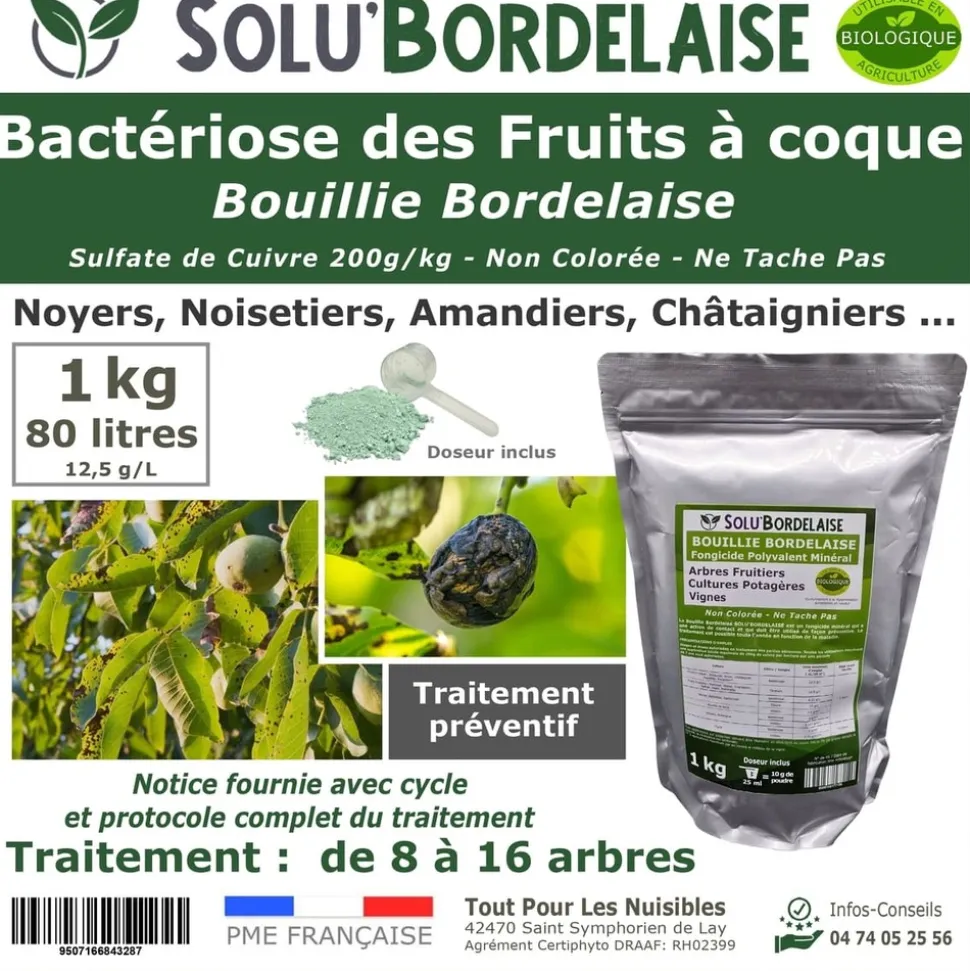 TOUT POUR LES NUISIBLES - Solu'bordelaise - 1 kg de bouillie bordelaise - bactériose des fruits à coque - utilisable agriculture biologique