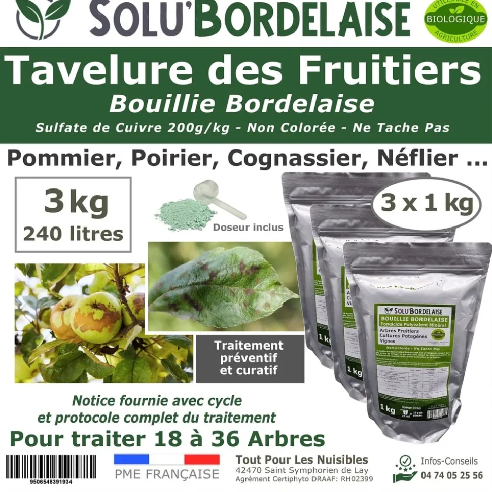 TOUT POUR LES NUISIBLES - Solu'bordelaise - tavelure des fruitiers-3 kg de bouillie bordelaise non colorée