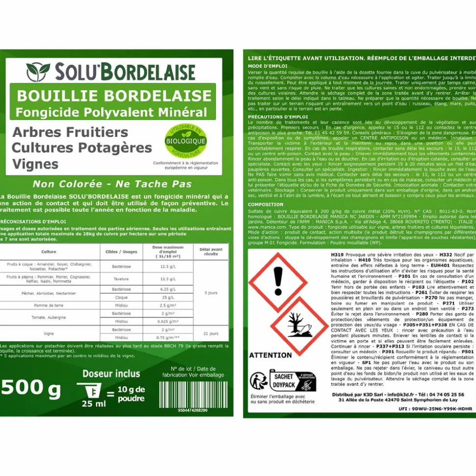 TOUT POUR LES NUISIBLES - Solu'bordelaise - tavelure des fruitiers-3 kg de bouillie bordelaise non colorée
