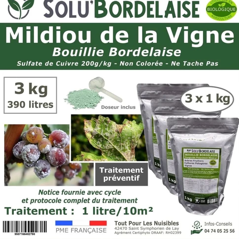 TOUT POUR LES NUISIBLES - Solu'bordelaise - 3 kg de bouillie bordelaise - mildiou de la vigne - utilisable agriculture biologique - 3 sachets de 1 kg