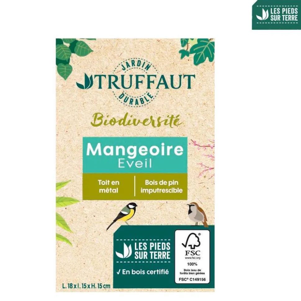 TRUFFAUT BIODIVERSITÉ - Mangeoire Eveil en pin avec toit métal pour oiseaux du jardin 18x15cm
