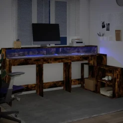 VIDAXL - Bureau et lumières led chêne fumé 200x104x91cm bois ingénierie