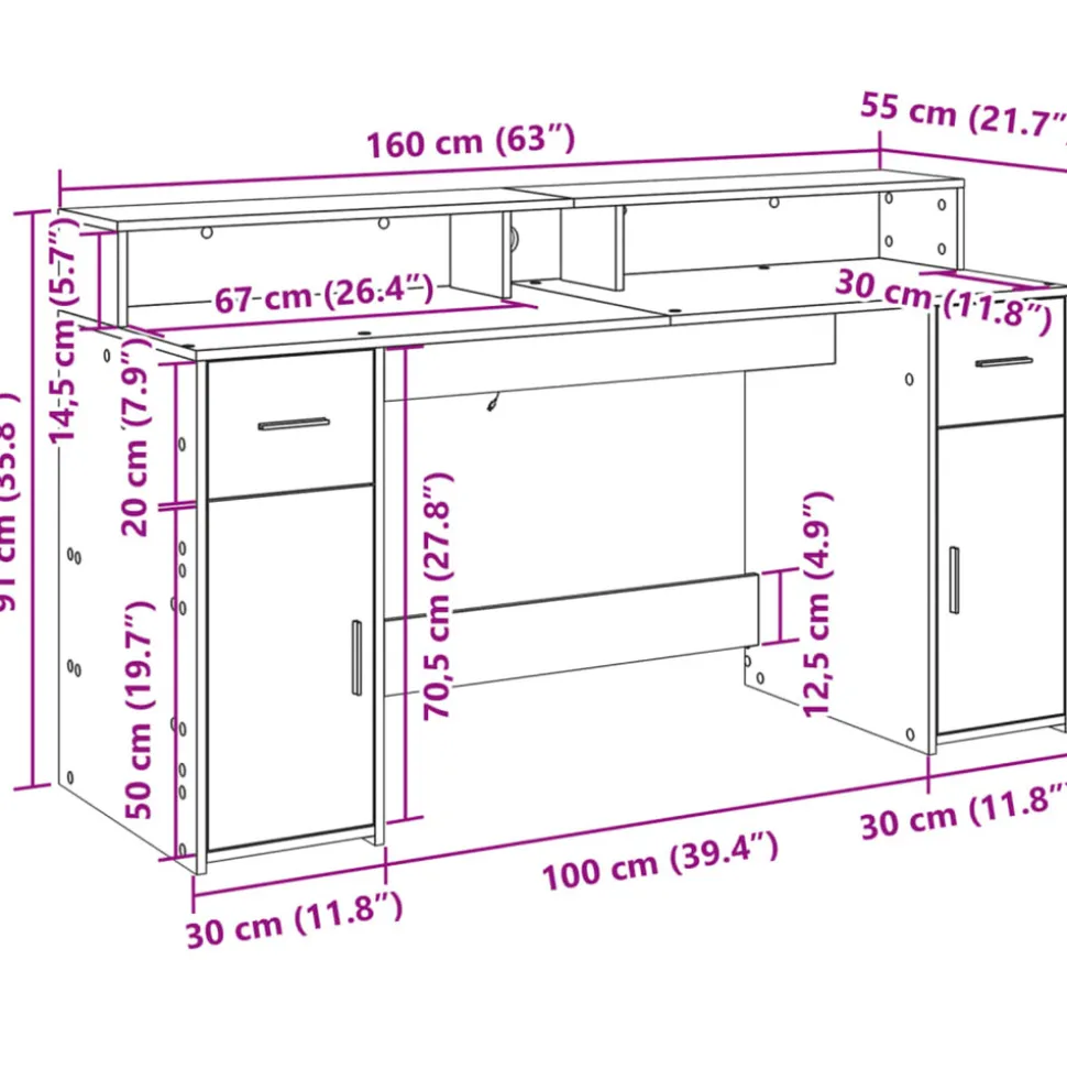 VIDAXL - Bureau et lumières led gris béton 160x55x91cm bois d'ingénierie