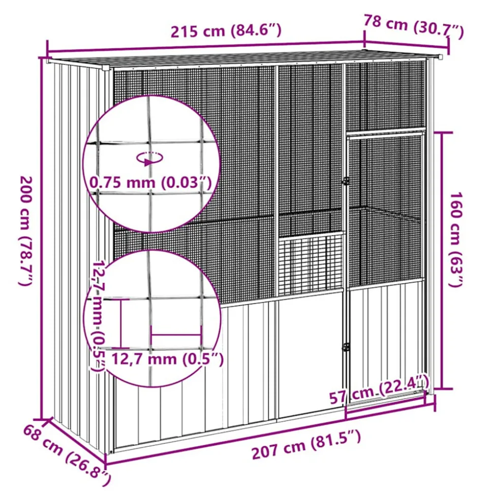 VIDAXL - Cage à oiseaux anthracite 215x78x200 cm acier galvanisé