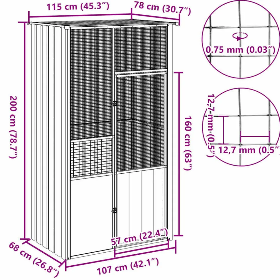 VIDAXL - Cage à oiseaux anthracite 115x78x200 cm acier galvanisé